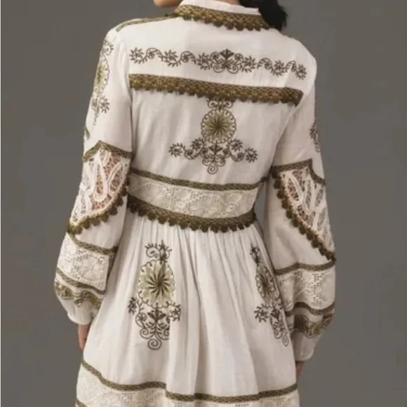 Anthropologie Maeve Ivory and Olive Embroidered Long Sleeve Dress - Picture 2 of 10